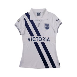 Bulk order for women's white short-sleeved Polo shirt with zipper collar, silver contrasting edges, contrasting striped patch P1552 Bulk order for women's white short-sleeved Polo shirt with zipper collar, silver contrasting edges, contrasting striped patch P1552